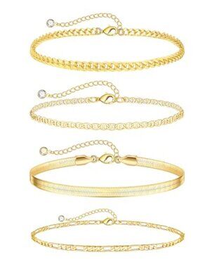 New - 6 PCS Gold Ankle Bracelets for Women, 14k Plated Gold Layered Anklet Set